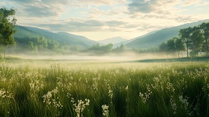 A serene landscape with misty mountains and a grassy field dotted with wildflowers.