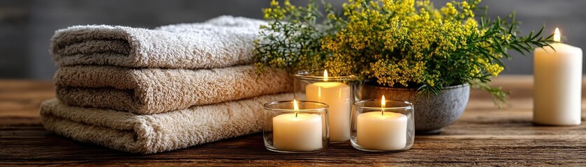 Calm environment through serenity and positivity in therapy concept. Relaxing spa setup with towels, candles, and fresh flowers.