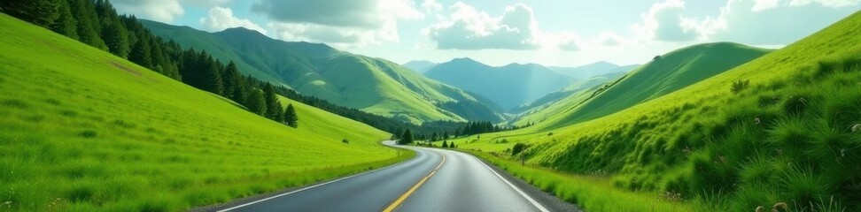 Fototapeta premium Rolling green hills and winding road from car window, hills, green
