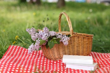 Books, blanket and wicker basket with lilac flowers on green grass outdoors