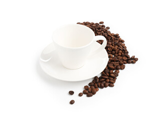 Ceramic cup with roasted coffee beans isolated on white
