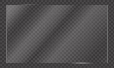 Glass plate on transparent background, clear glass showcase, realistic window mockup, acrylic and glass texture with glares and light, realistic transparent glass window in rectangle frame – vector
