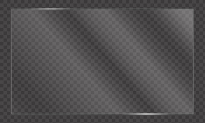 Glass plate on transparent background, clear glass showcase, realistic window mockup, acrylic and glass texture with glares and light, realistic transparent glass window in rectangle frame – vector