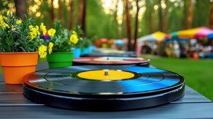 Colorful Vinyl Records at Outdoor Festival