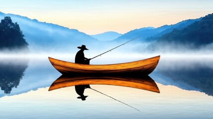 Serene Dawn Fishing Silhouette in Golden Boat on Misty Lake