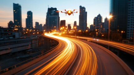 Fototapeta premium Drone Flying Over City Highway at Night with Light Trails and Illuminated Buildings