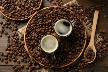 Aromatic coffee in cups and beans on table, flat lay
