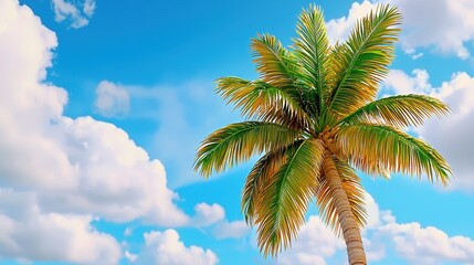Pixelated Palm Tree under a Vivid Blue Sky with Puffy Clouds