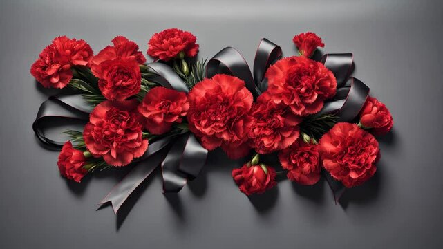 A flat lay of a funeral banner featuring an elegant composition of red carnations and a wide black ribbon, with a soft-focus background to convey a sense of serenity