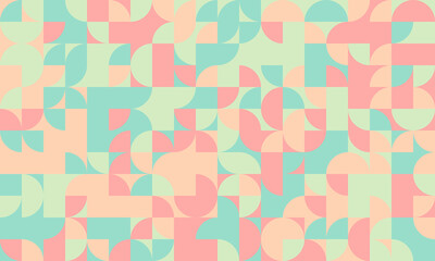 Abstract geometric pastel pattern.  Seamless design of squares and semicircles in soft peach, mint green, and coral. Ideal for website backgrounds, social media graphics, and textile prints.