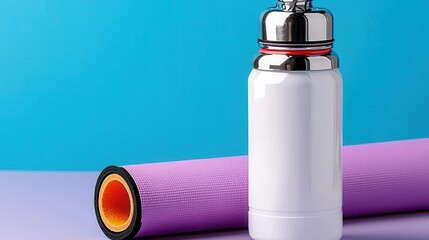 White Thermos and Purple Yoga Mat on Blue Background
