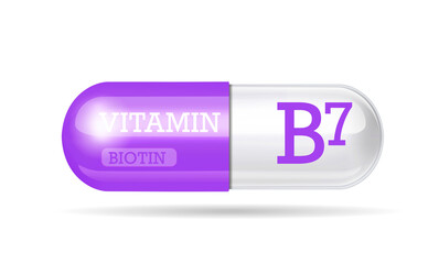 vitamin B7, Thiamine, structure Purple, white. 3D Vitamin complex with chemical formula. Personal care, beauty concept, pill transparent capsule.