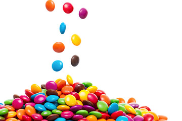 Obraz premium Colorful Candy Pile with Falling Sweets Against Black Background
