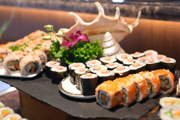 Japanese Sushi Buffet Video A Culinary Showcase for Catering and Banquet Events in the Hospitality Industry. buffet beautiful food presentation serving culinary art