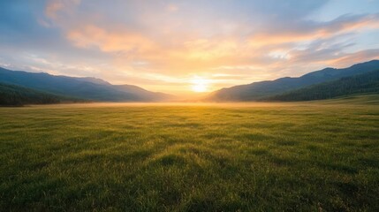 Obraz premium Sunrise Over Misty Valley Illuminated By Golden Light and Lush Green Field