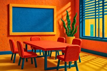 Fototapeta premium Vibrant claymation classroom or meeting room with blank chalkboard and colorful furniture