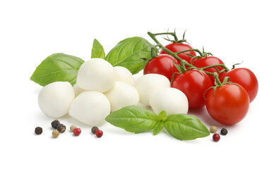 Tasty mozzarella cheese balls, tomatoes, peppercorns and basil isolated on white