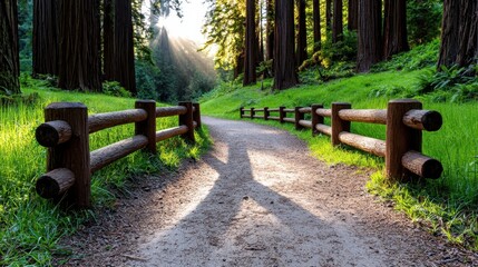 Sunlit Path Through Redwood Forest with Wooden Fences