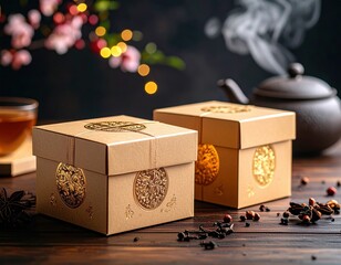 health tea packaging, traditional Chinese gold motifs, dark wood table, steaming tea cup, premium product mood