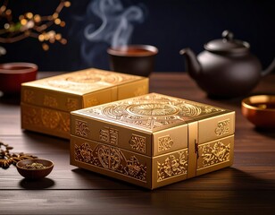 health tea packaging, traditional Chinese gold motifs, dark wood table, steaming tea cup, premium product mood