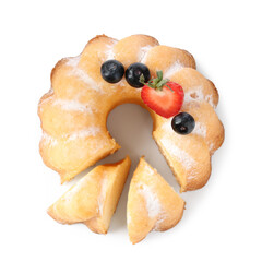 Tasty bundt cake with powdered sugar and berries isolated on white, top view