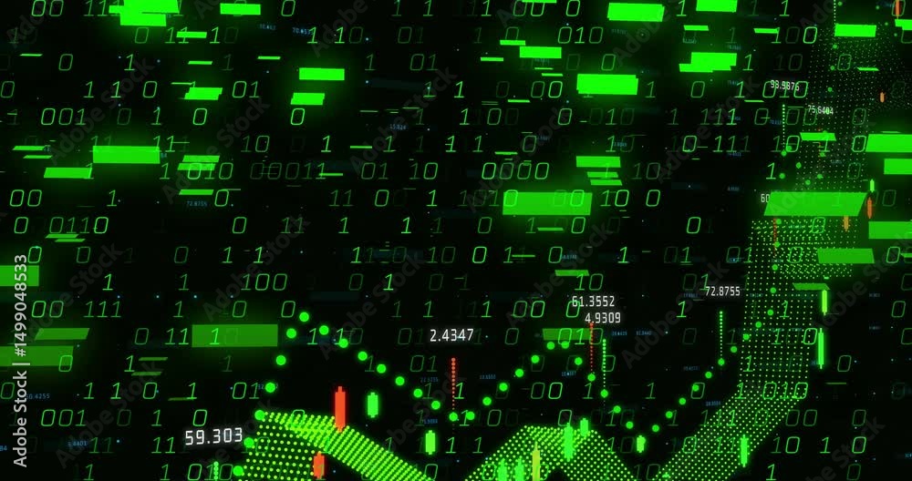 Poster opening dark binary field sliding glitch bars and dotted line morphing into arrow showing growth