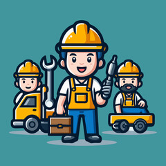 Flat Cartoon Construction Worker Mascot Standing Proudly in Yellow Helmet and Uniform for Logo UI Web App Print Illustration and Poster Graphic Material
