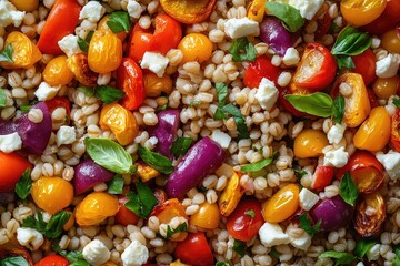a colorful grain salad with barley, roasted vegetables, and feta cheese