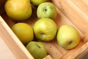 Damaged green apples in wooden crate on table, closeup