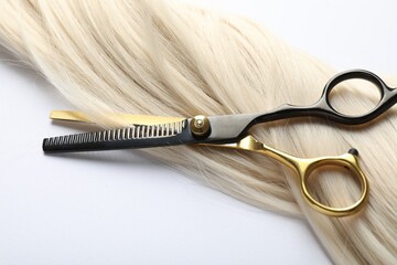Hair lock and scissors on white background, above view
