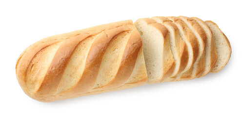 Cut loaf of bread isolated on white, top view