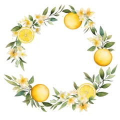 Lemons and flowers circle border wreath fruit plant.