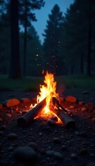 A single campfire burning brightly within a contained fire pit, surrounded by dark, unburned earth  Safe and controlled flames dance against the night sky ,  texture,  burning