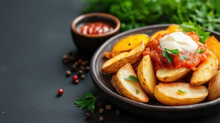 Crispy roasted potato wedges served with fresh tomato salsa, sour cream, and sprinkled parsley. Concept of simple comfort food and casual dining