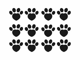 Fototapeta premium A set of nine simple, black paw print silhouettes, each featuring a small heart shape inside.