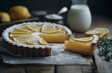 A lemon tart with a dusting of powdered sugar and thin lemon slices on top, a slice cut out of the tart sitting next to the whole cake, with ingredients like milk or rosemary in the background, 