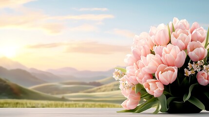 Beautiful bouquet of pink tulips against a serene landscape