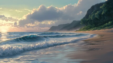 A serene beach landscape with gentle waves and lush greenery under a cloudy sky.