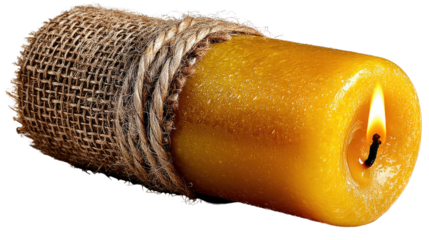 Golden Candle Flame: A close-up captures a golden candle, its rustic burlap wrapping and coiled rope accentuating its warm, inviting flame, evoking a sense of serenity and cozy atmosphere.