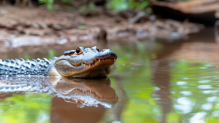 Artistic image of a caiman in a rainforest setting, showcasing wild animals in a vibrant environment.