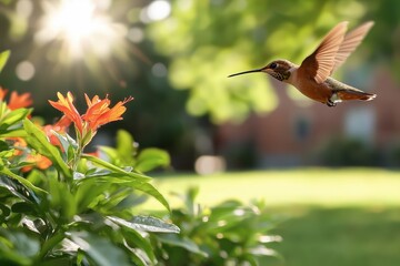 Fototapeta premium Artistic depiction of a hummingbird in a vibrant rainforest setting, showcasing wild animals and lush greenery.