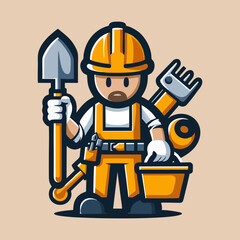 Cartoon Builder Mascot Wearing Helmet and Safety Vest for Branding Materials Digital Marketing Print Poster Illustration and Web Graphic Resource