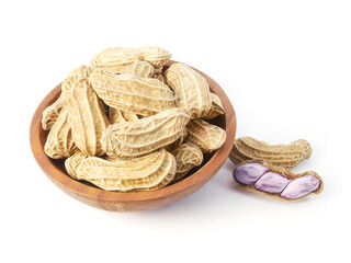 Boiled peanuts in wooden bowl isolated on white background