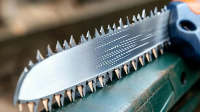 Close up of chainsaw blade sharp teeth metal texture industrial tool