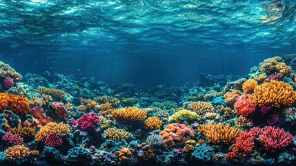 Fototapeta premium Vibrant coral reef underwater. Sunlight streams through the turquoise water