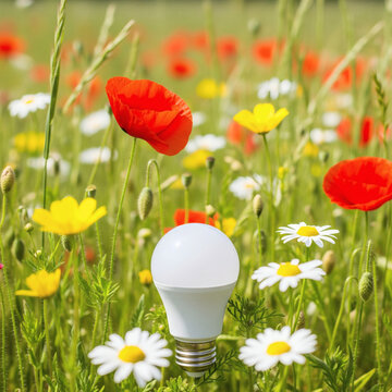 Ampoule LED dans un champ de fleurs
