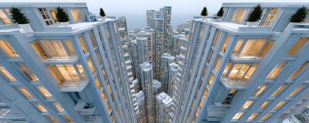 Fototapeta premium Drone s eye view of a high-tech urban district, countless illuminated rooftops, air traffic of drones delivering packages, ultra-modern skyscrapers with transparent walls, people visible inside