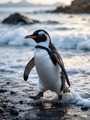 Walking to enter the sea during early morning. Gentoo penguin in the Falkland Islands in January.