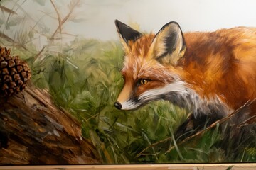 Naklejka premium Handmade pinecone fox art in a forest setting featuring wild animals, high-resolution image.