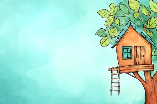 Whimsical Treehouse Illustration Wooden Planks, Rope Ladder, Doodle Style - Powered by Adobe